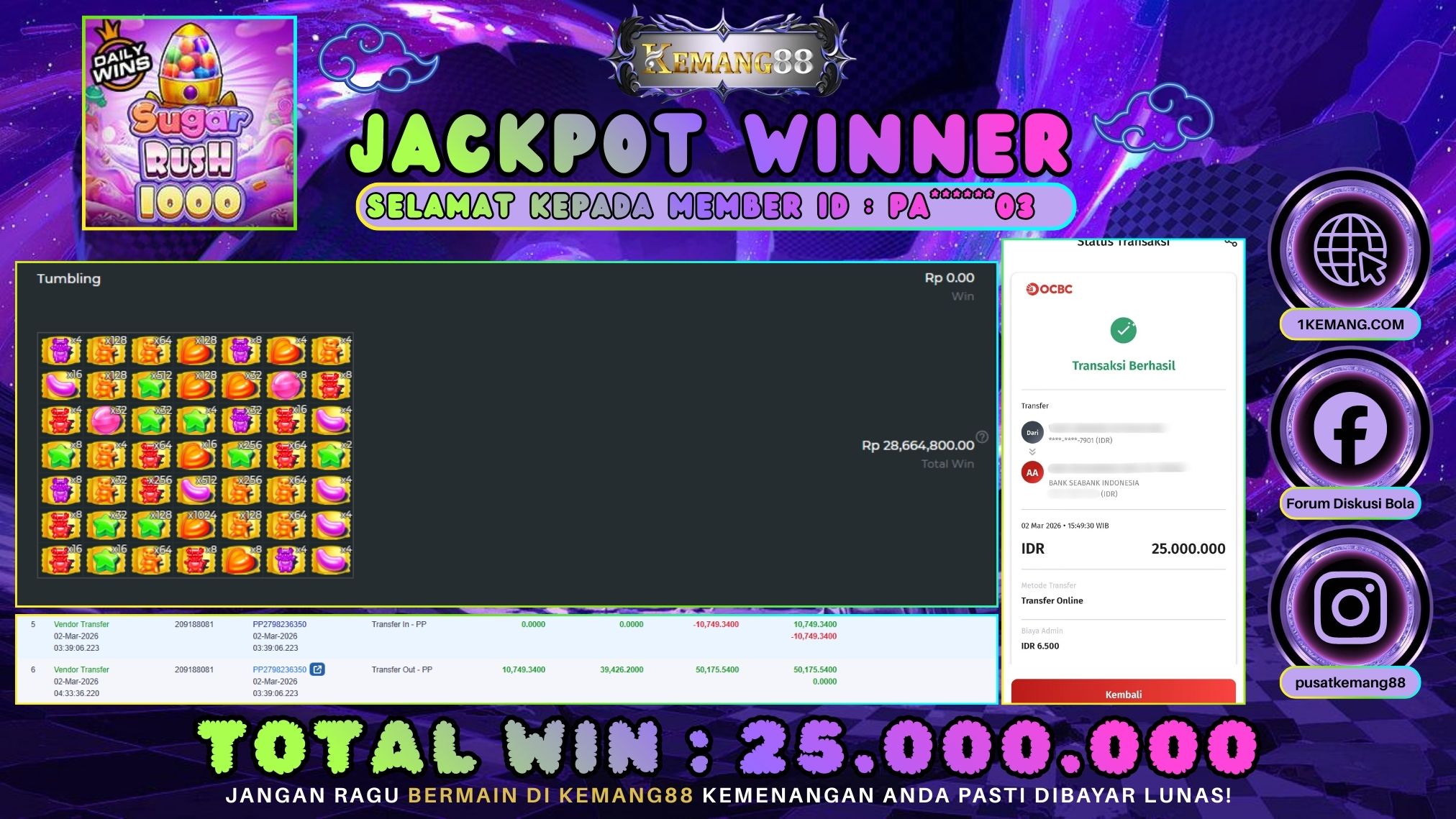 KEMANG88 [02 Maret 2026] : JACKPOT SLOT : SUGAR RUSH 1000 [PP] Rp. 25.000.000.,- LUNAS [1]